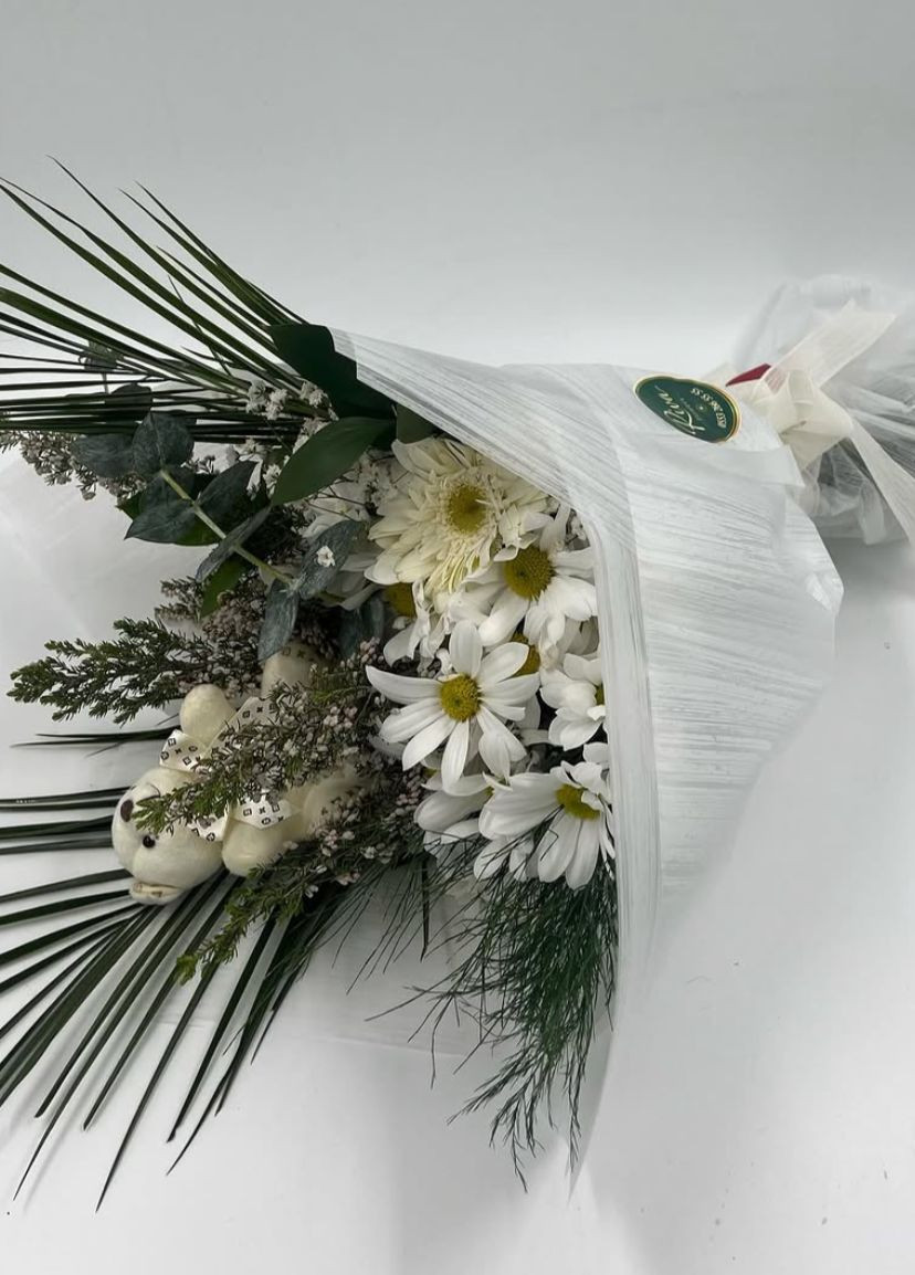 Beyaz Papatya Buketi Ayıcık Detaylı küçük resim 2